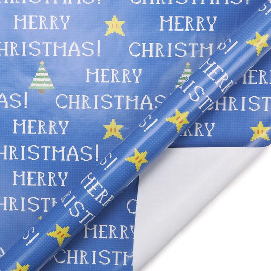 Blue/Multi Retro Pixel "Xmas Trees" Wrapping Paper Sheets - Pixel Comet Shop