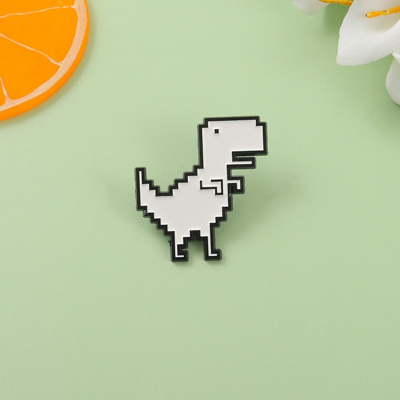 Retro Dinosaur Enamel Brooch Pixel White T-Rex Pin - Pixel Comet Shop