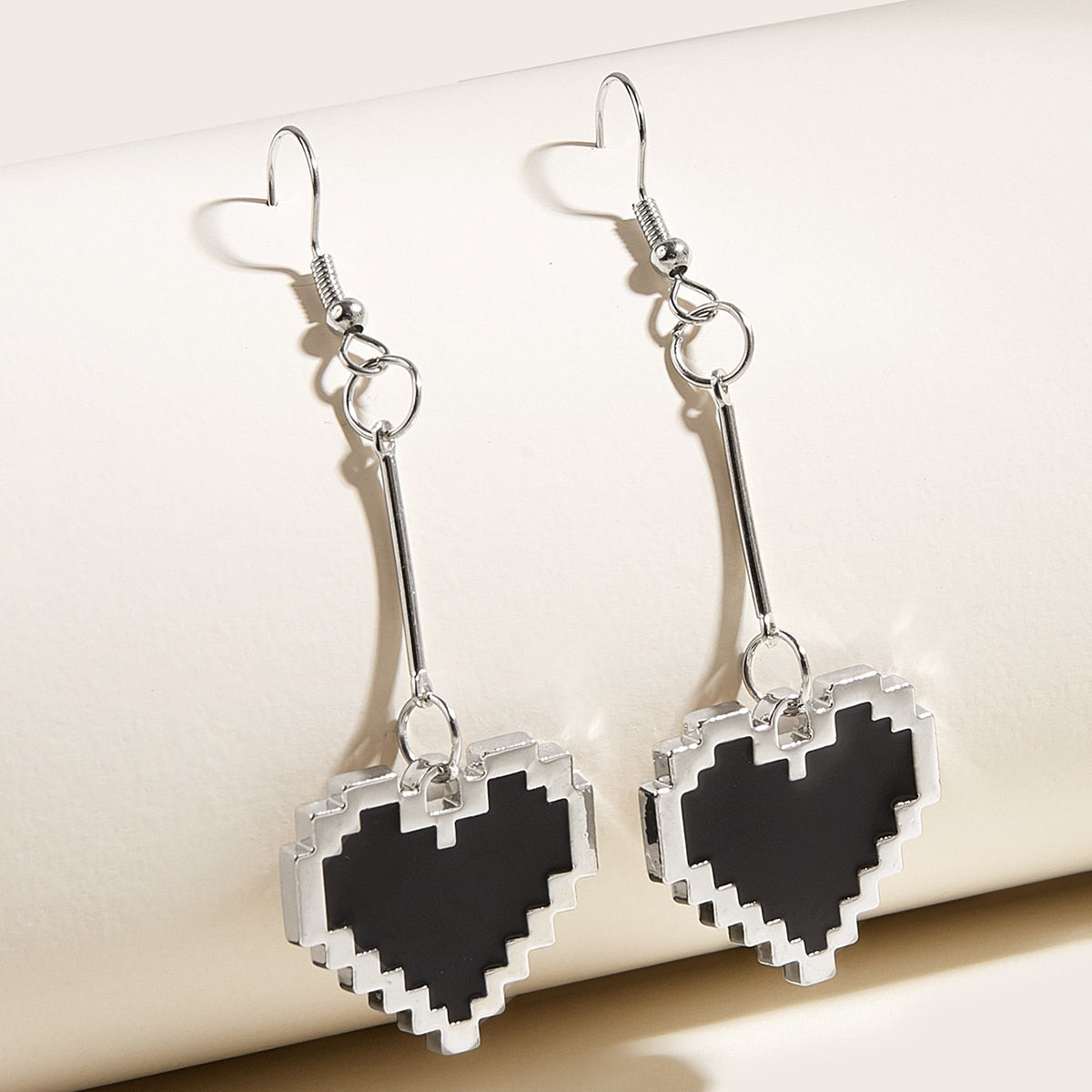 Black Mosaic Love Pixel Peach Heart Pendant Earrings - Pixel Comet Shop