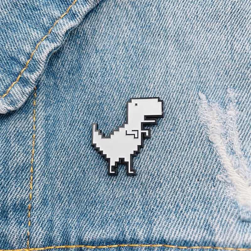 Retro Dinosaur Enamel Brooch Pixel White T-Rex Pin - Pixel Comet Shop